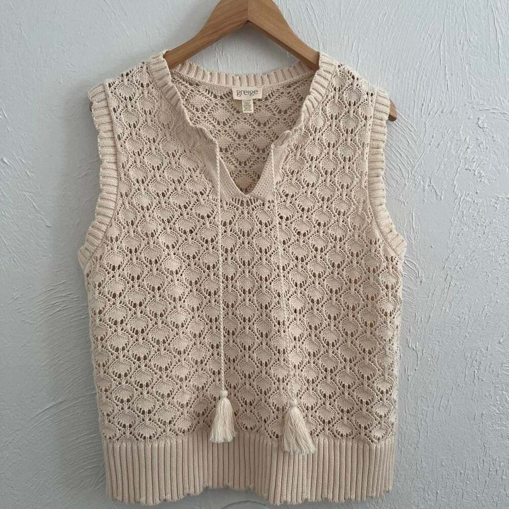 greige Cream Crochet Tassel Knit Vest